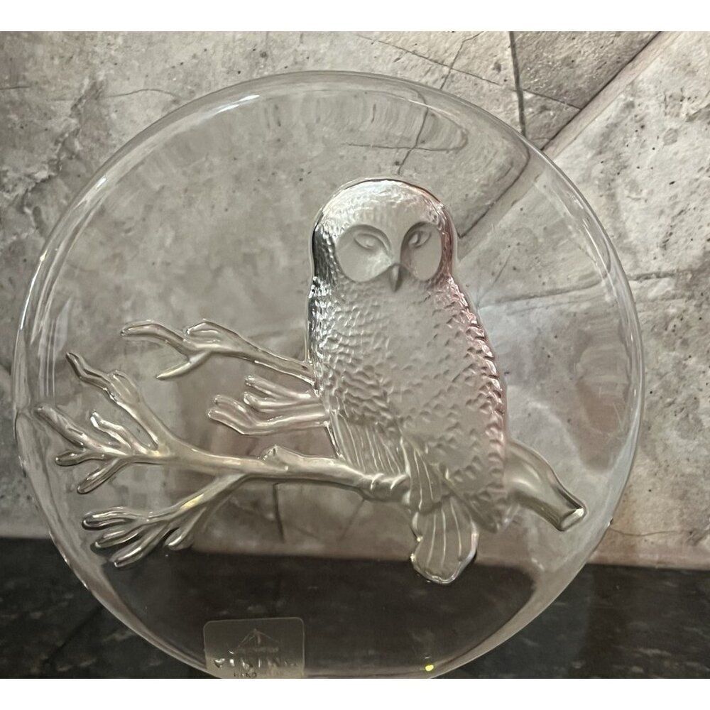 Viking Glass Owl on Branch Paperweight Hand Made Etched Frosted Glass Vintage